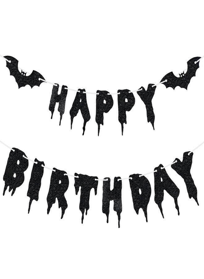 Morofme Glitter Black Happy Birthday Banner Halloween Birthday Sign Bat Banner Glitter Halloween Horror Themed Hanging Paper Garland Banners Decorations for Kids Boy Girl Party Supplies - Image 1